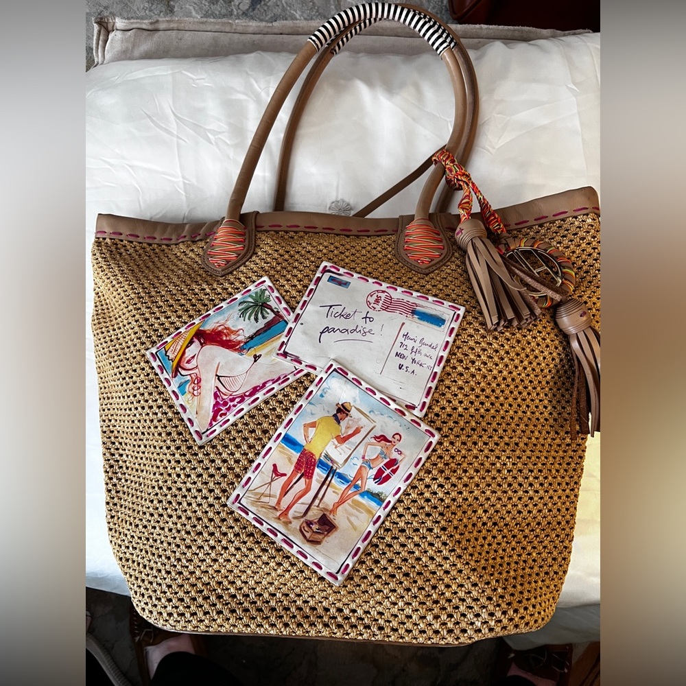 henri bendel Brown Woven Tote with Colorful Beach Patch Accents